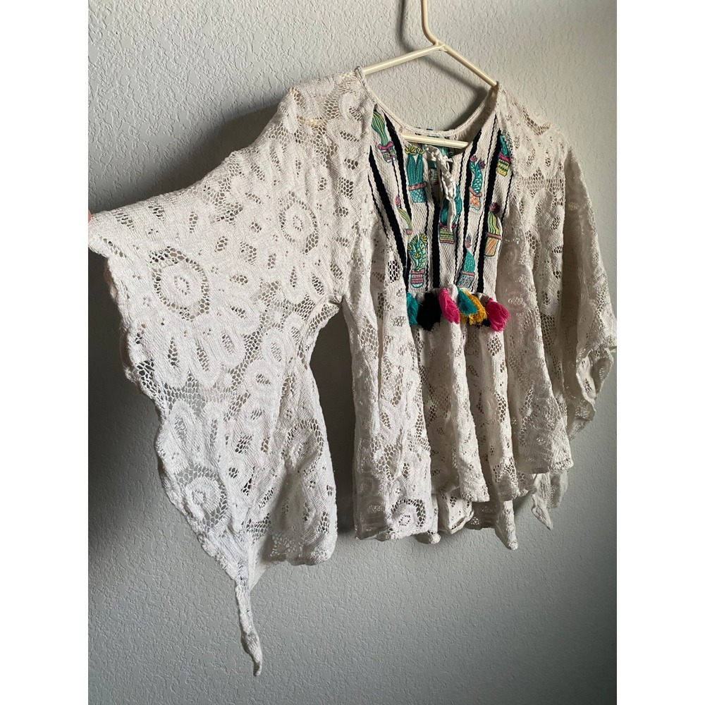 Judith March Women Crochet Lace Boho Cactus Embroidered Top Size S Cream Western